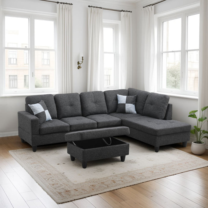 Transitional Style  2 piece Sectional+Ottoman in Black Gray Linen