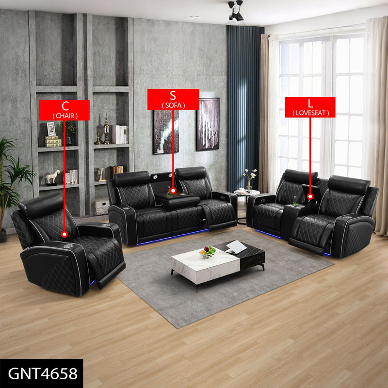 Black Breathable Leather 3-Piece Living Room Functional Sofa Set