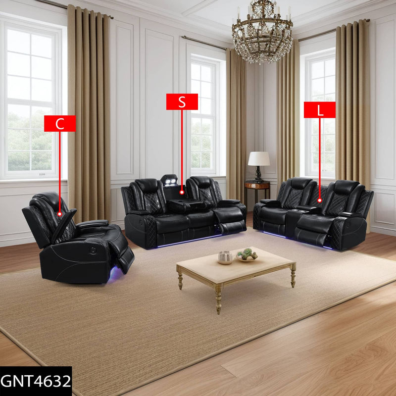 Juego de sofás reclinables de sala de estar de 3 piezas de cuero negro transpirable
