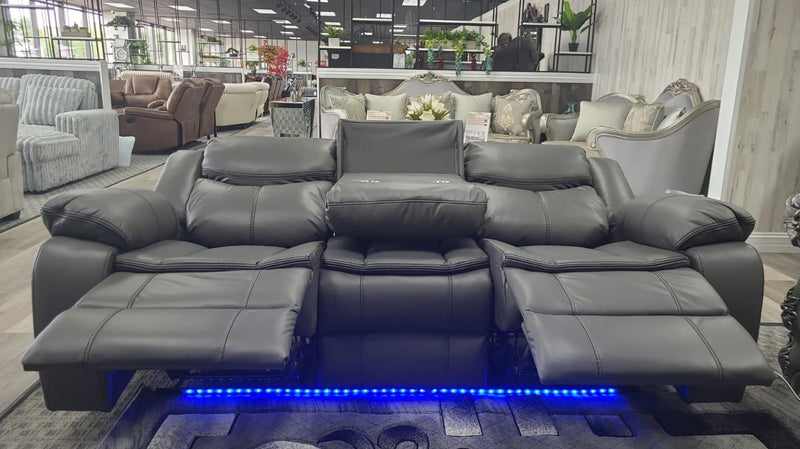 Gray Power Reclining Sofa W/Led Light - Black Stitching (Closeout Price)