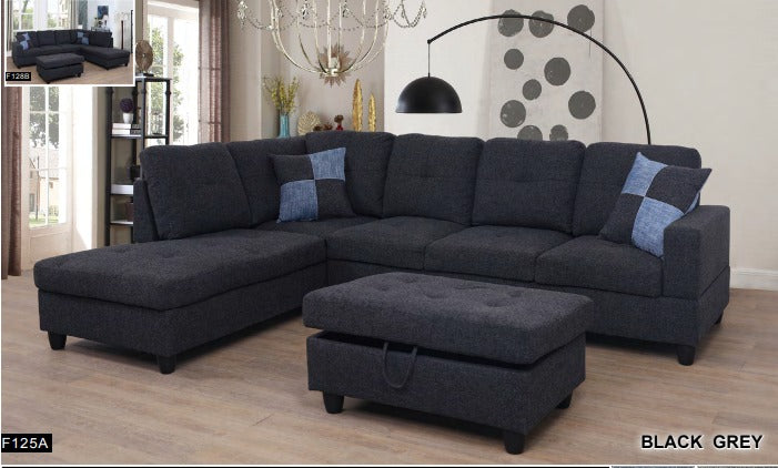 Transitional Style  2 piece Sectional+Ottoman in Black Gray Linen