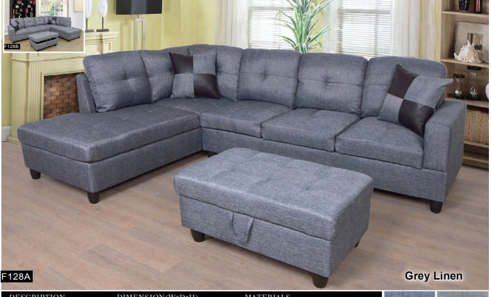 Transitional Style  2 piece Sectional+Ottoman in Black Gray Linen